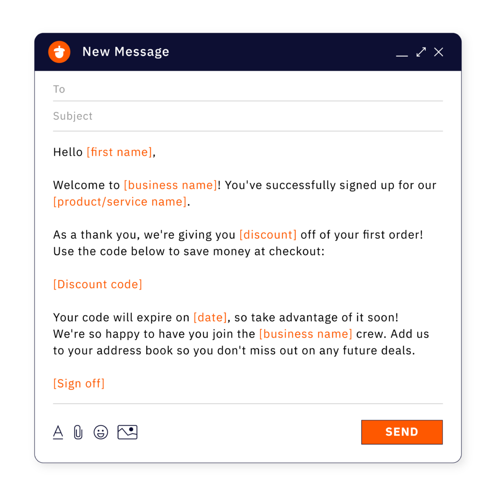 A welcome email template with a discount code