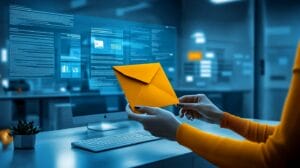 Illustration of a bright orange envelope against a muted blue background