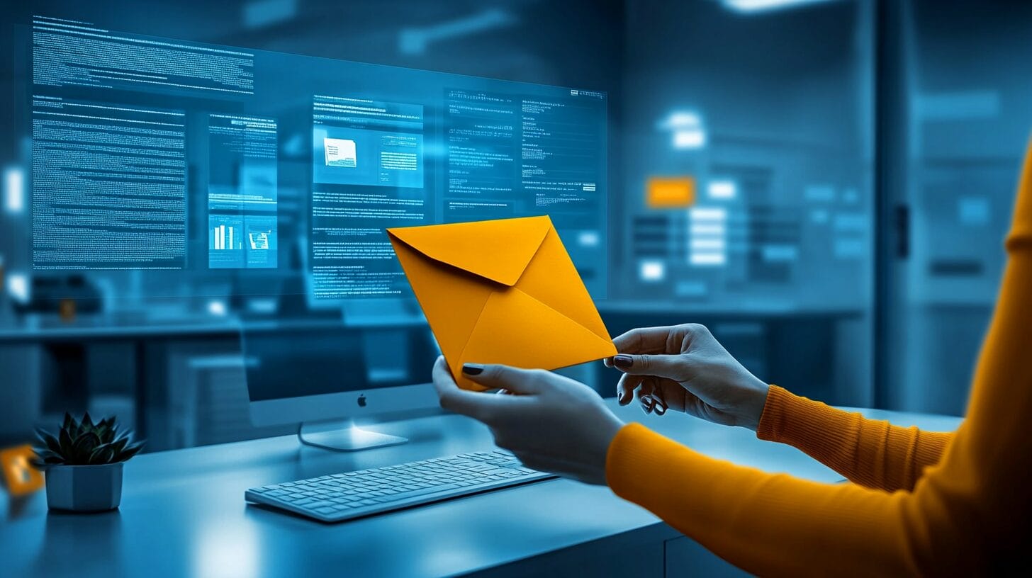Illustration of a bright orange envelope against a muted blue background