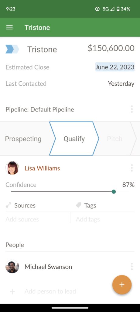 a screenshot of the tristone lead in the Nutshell mobile app