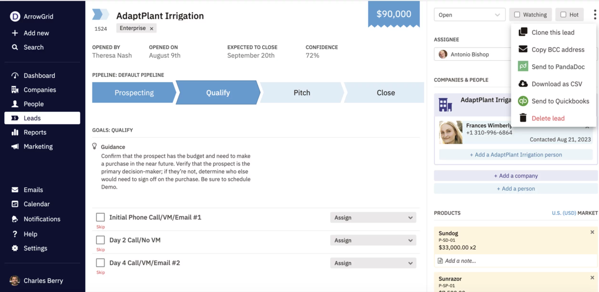 a screenshot of an AdaptPlant Irrigation Project lead in the Nutshell pipeline using the QuickBooks CRM integration