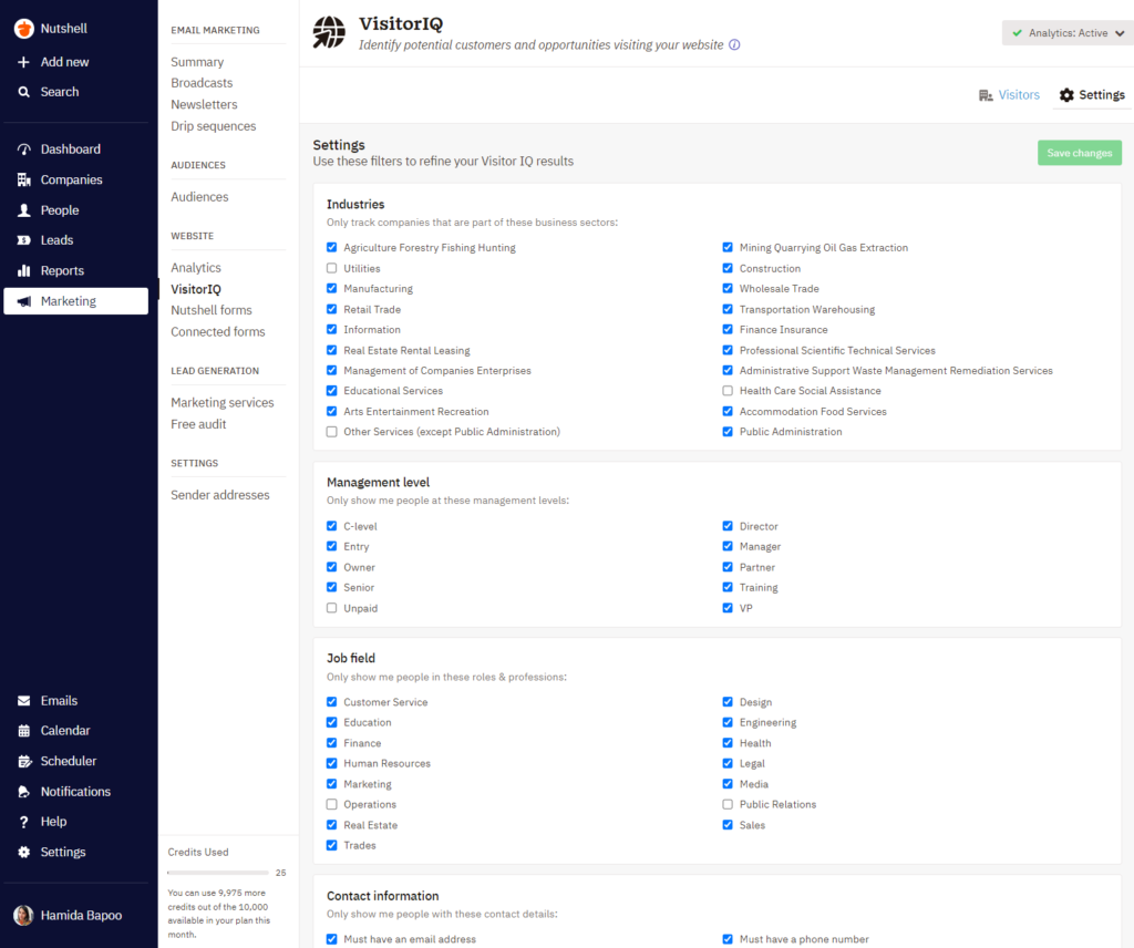 VisitorIQ filter settings page