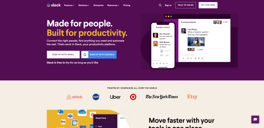 Slack homepage
