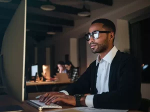 a man wearing glasses is typing on a computer keyboard