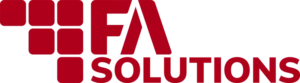 a red and white logo for FA Solutions