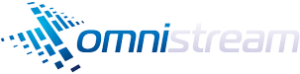 a blue and white omnistream logo on a white background