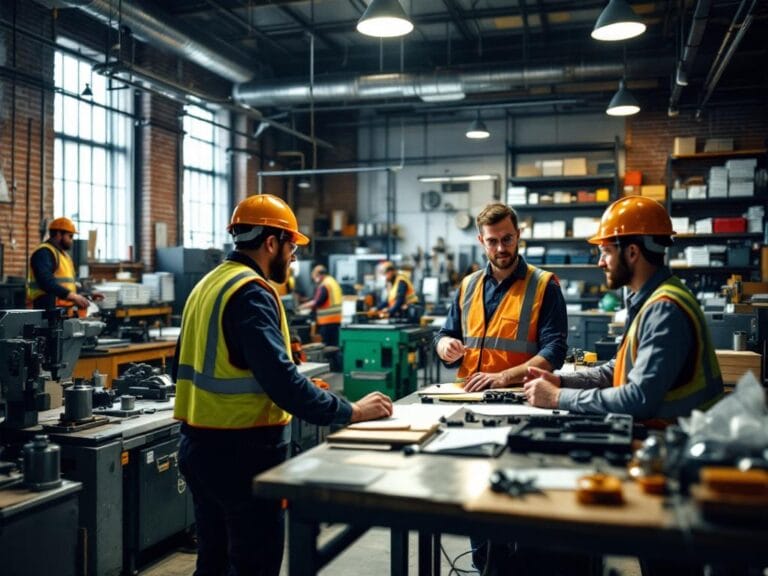 Three men in hard hats and hi-vis vests stand around a table in a busy manufacturing facility