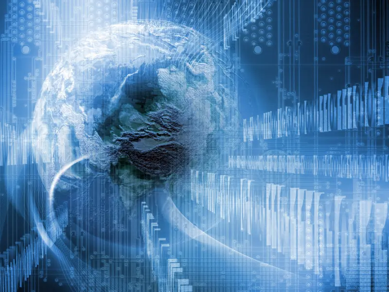 uma imagem gerada por computador de um globo terrestre com um fundo azul