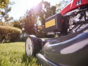 a closeup of a lawn mower on a lush green lawn