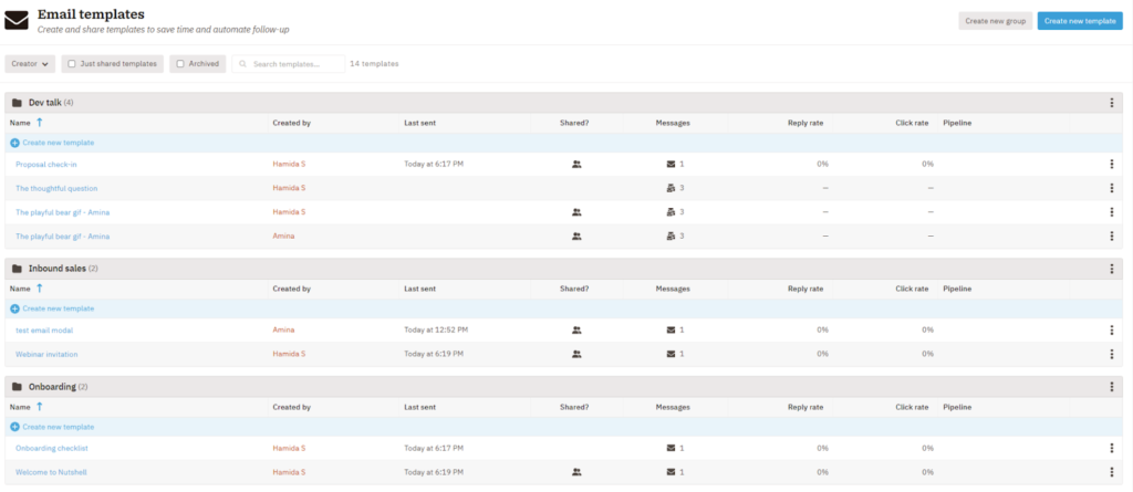 Email templates page in Nutshell with template grouped into folders