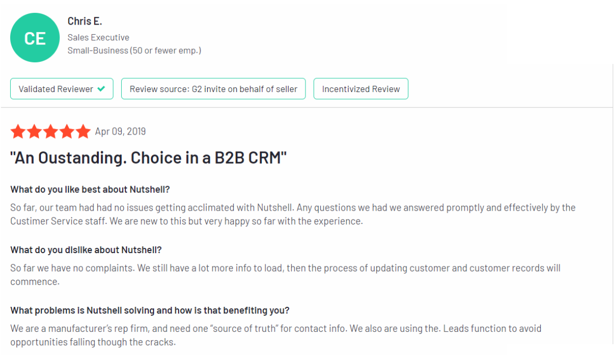 Nutshell Chris e.:n arvostelu, jonka mukaan se on erinomainen valinta b2b-CRM:ään.
