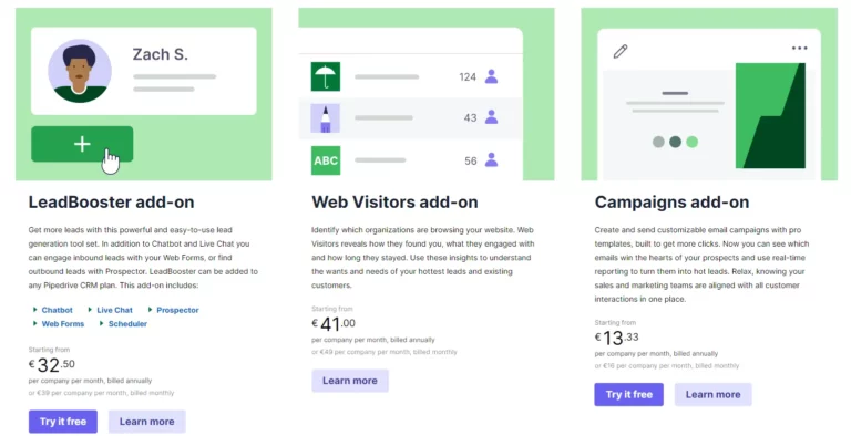 a screenshot of Pipedrive add-ons: LeadBooster add-on web visitors add-on and Campaigns add-on