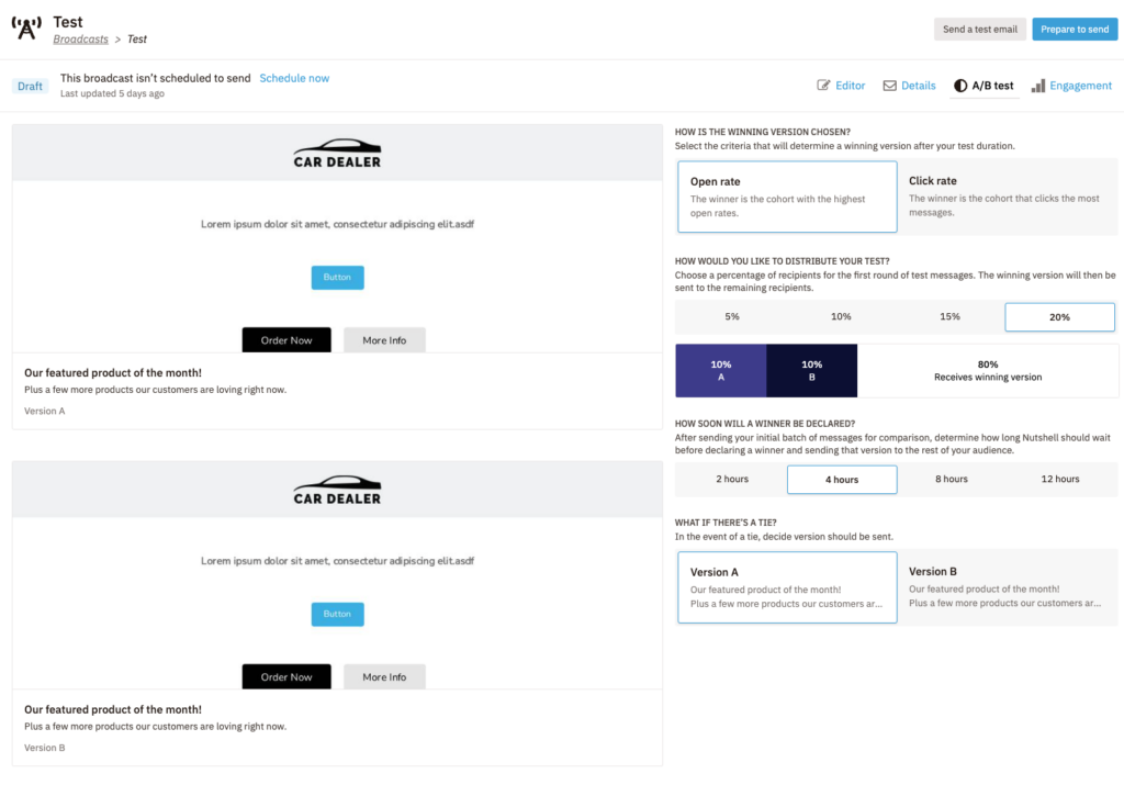 a screenshot of an AB broadcast test page for a car dealer in Nutshell