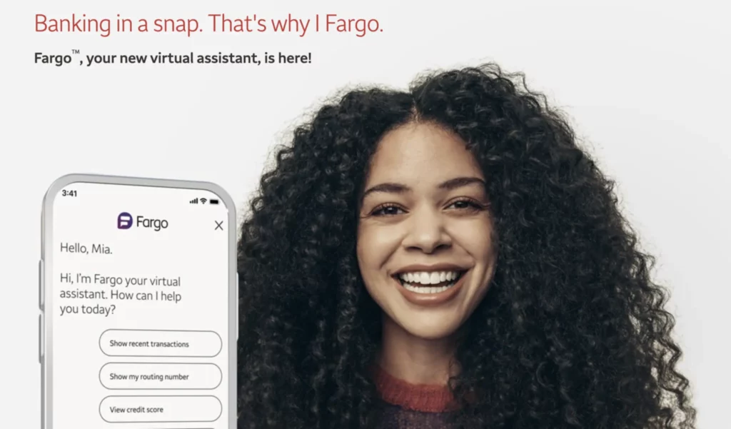 a woman with curly hair is smiling next to an add for Fargo