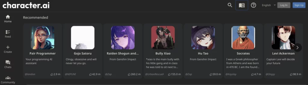 a screenshot of a website called character.ai