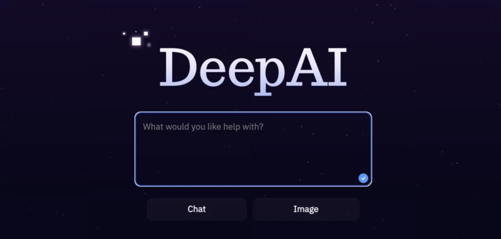 a screenshot of DeepAI asking what would you like help with