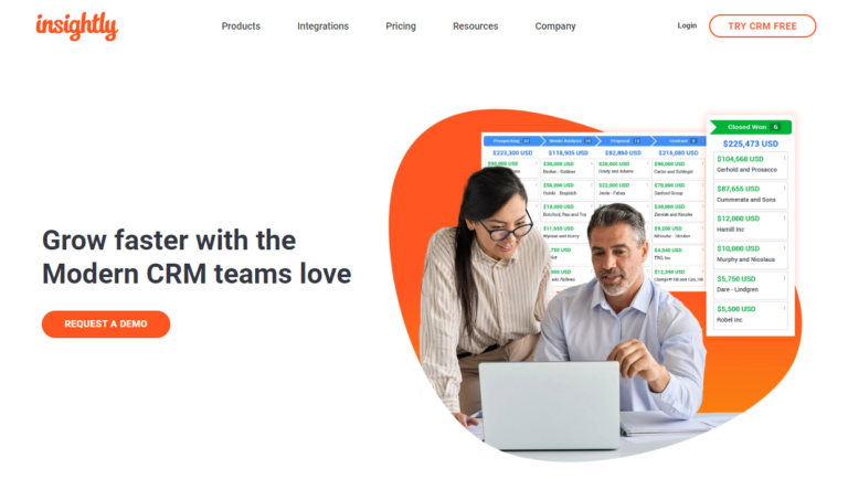 a landing page for Insightly with the words grow faster with the modern CRM teams love