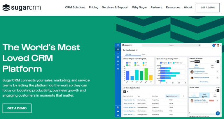 a SugarCRM home page with the words the world's most loved CRM platform