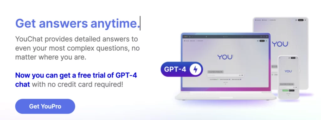 an advertisement for youchat that says get answers anytime
