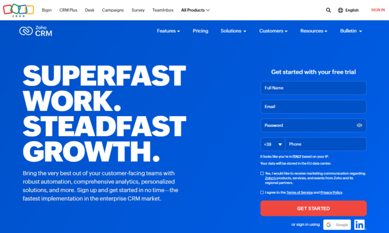 a landing page for Zoho CRM that says superfast work steadfast growth