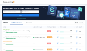 a screenshot of a DeepLearningFX keyword opportunity & content performance auditor