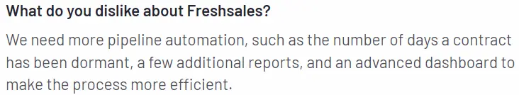 kundomdöme som berättar vad de ogillar med Freshsales