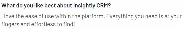 kundens textsvar om vad de gillar med Insightly CRM