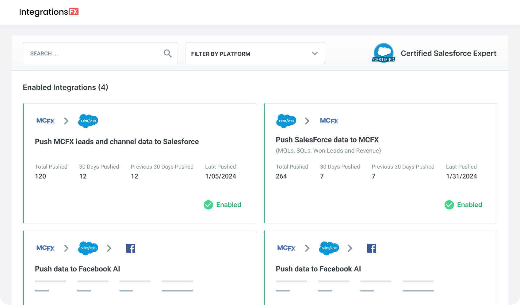 a screenshot of a dashboard showing enabled integrations