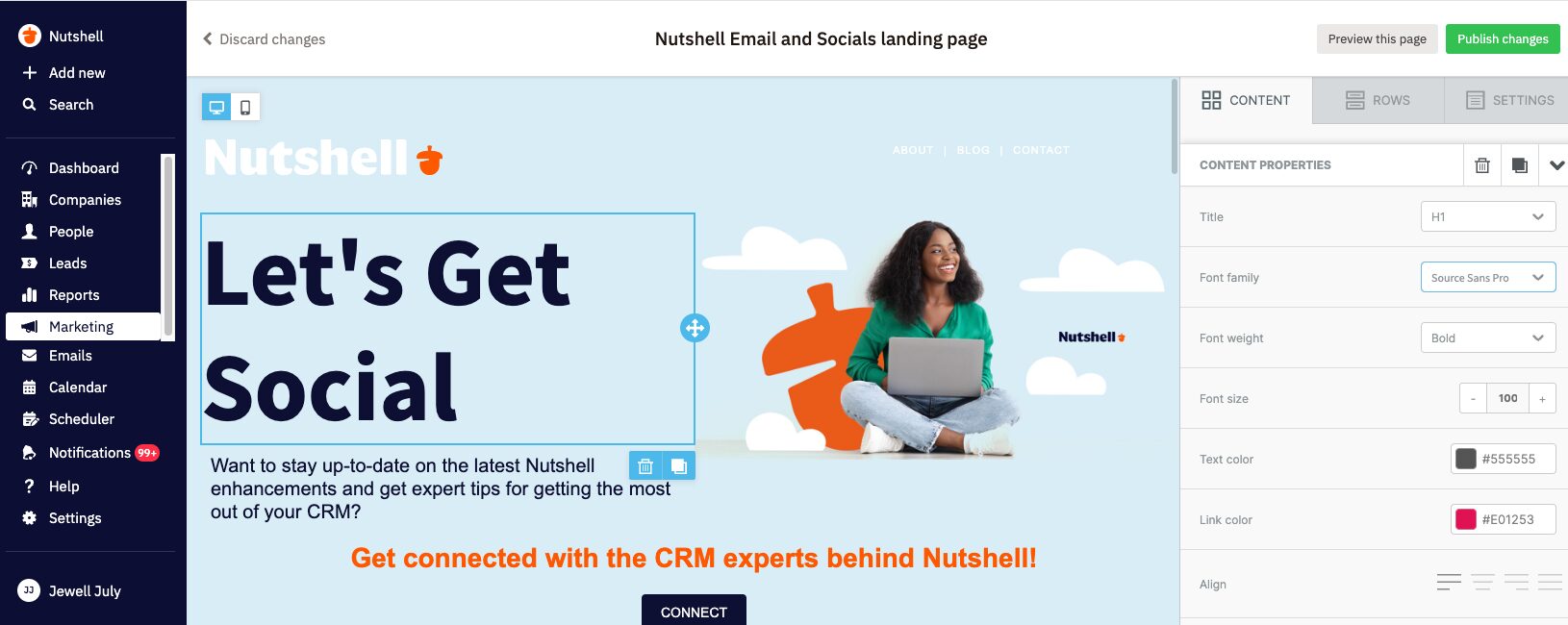 ein Screenshot eines Landing Page Builders auf dem Nutshell Dashboard mit den Worten "Let's Get Social"
