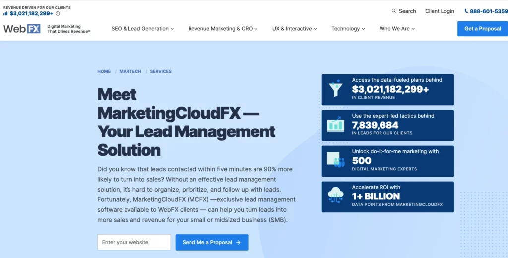 a screenshot of a website that says, "meet MarketingCloudFX your lead management solution"