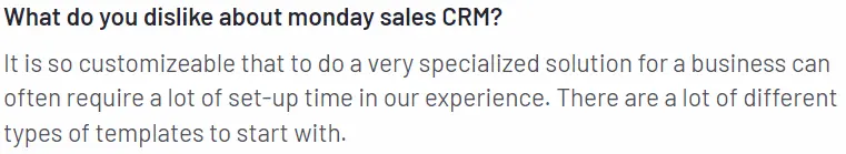 Kundens anmeldelse, der fortæller, hvad de ikke kan lide ved Monday Sales CRM
