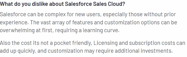 kundeanmeldelse, der fortæller, hvad de ikke kan lide ved Salesforce sales cloud