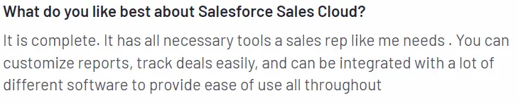 kundens tekstsvar, der fortæller, hvad de kan lide ved Salesforce Sales Cloud