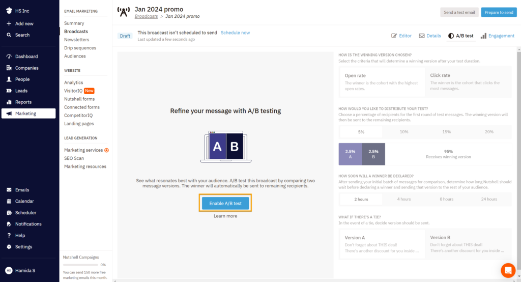 Nutshell email A/B testing interface