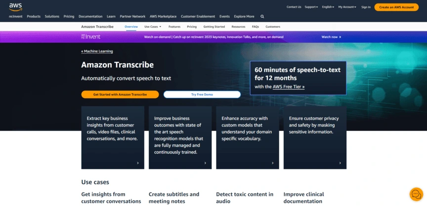 A screenshot of Amazon Transcribe one of the best voice-to-text software tools