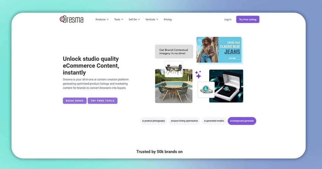 Homepage of Dresma, an AI photo editing tool