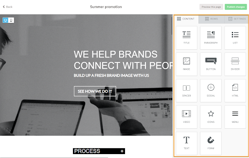 Screenshot of the Nutshell Landing Pages builder tools