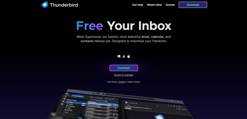 mozilla thunderbird homepage where you can download the email app