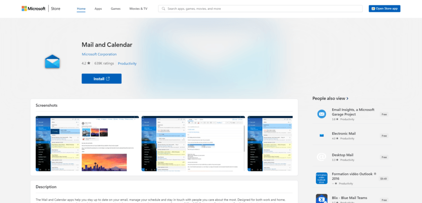 windows mail and calendar application page on microsoft store
