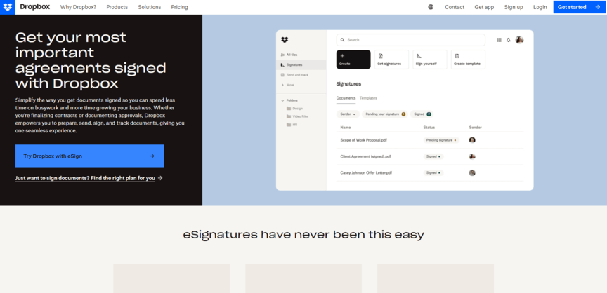 Dropbox Sign electronic signature app homepage