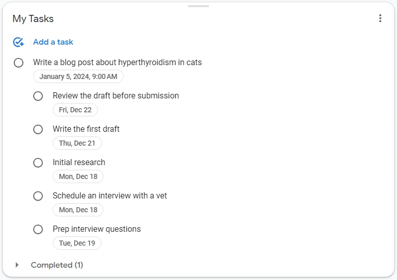 Google online calendar app tasks screenshot