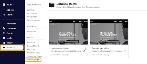 Screenshot of the Nutshell Landing Pages interface