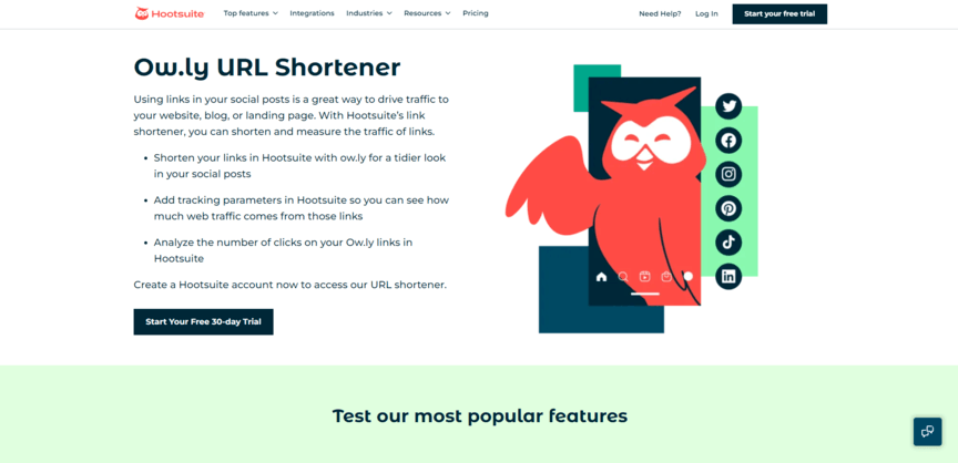 a screenshot of the owlly url shortener website