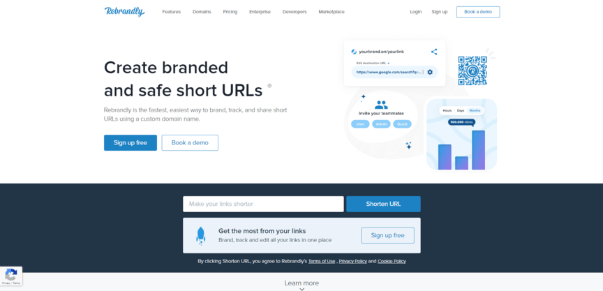 a screenshot of the rebrandly website that says create branded and safe short urls