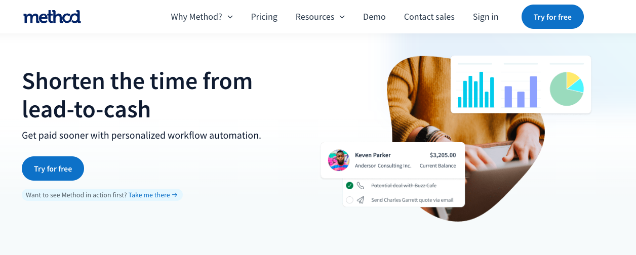 uma página de destino para o Method CRM que diz encurtar o tempo entre o contacto e o pagamento