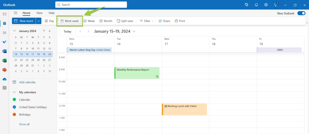 Microsoft Outlook Calendar online calendar app weekly view screenshot
