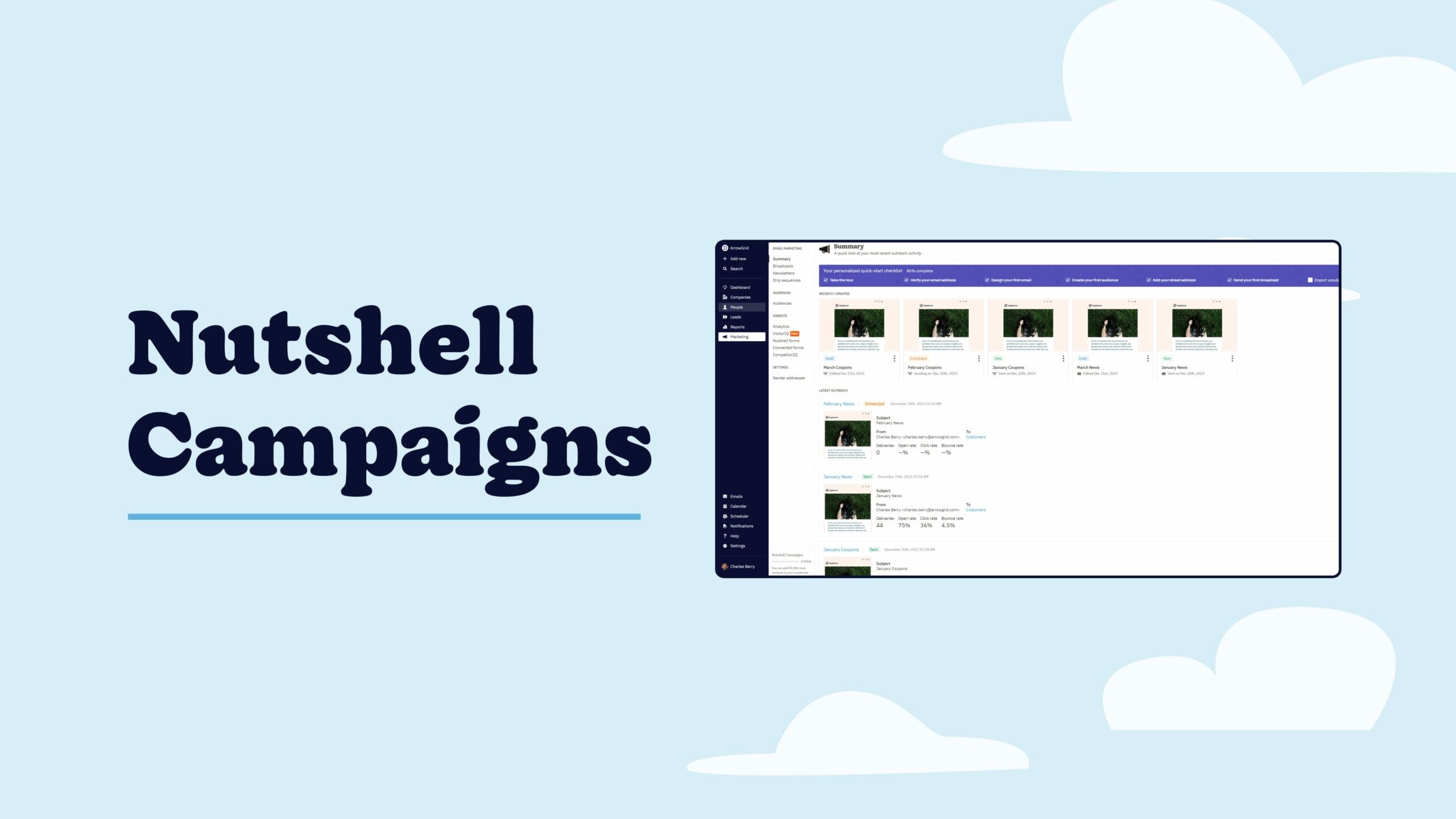 una pantalla de ordenador que muestra una captura de pantalla de las funciones de marketing de Nutshell con las palabras Nutshell Campaigns  al lado