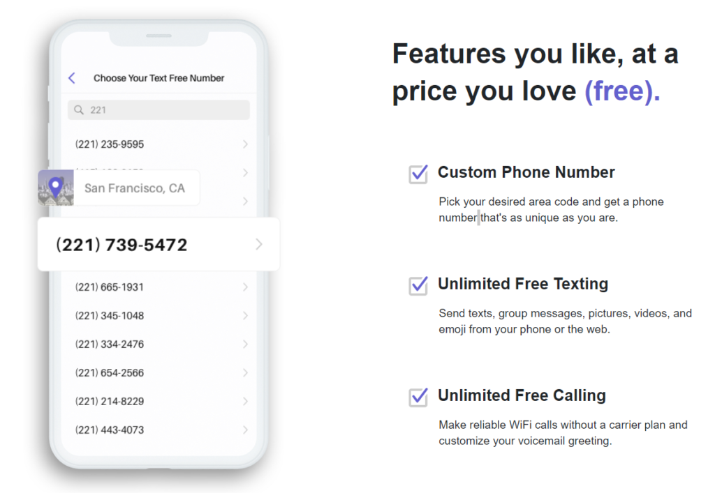 TextFree texting app homepage