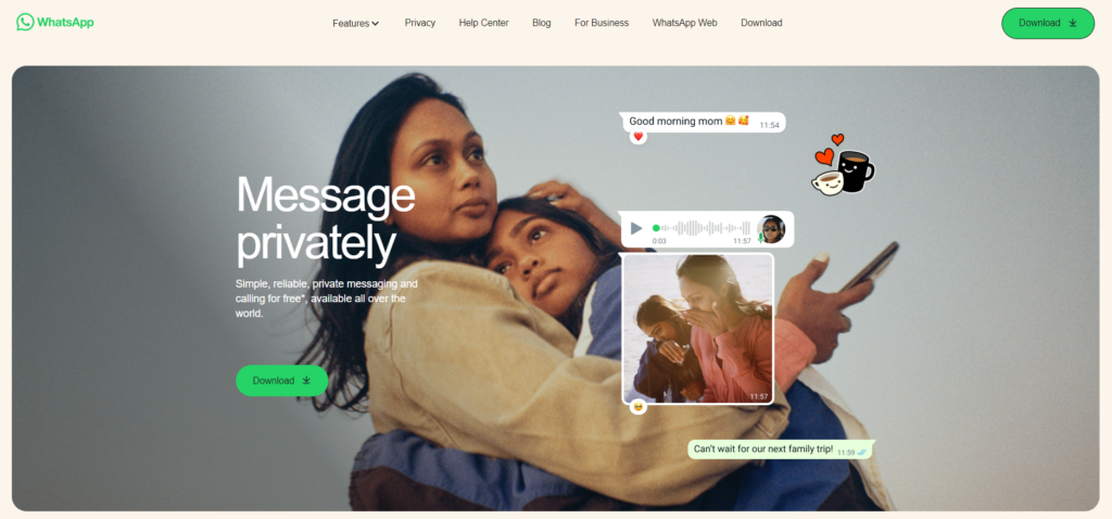 WhatsApp free texting app homepage