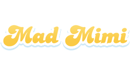 en gul og hvit logo for Mad Mimi på svart bakgrunn
